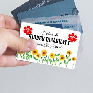 Carte d'alerte médicale pour handicap caché/Carte en métal solide, Tournesols, Fibromyalgie, Autisme, Asperger, PoTS, Anxiété, Maladie de Crohn