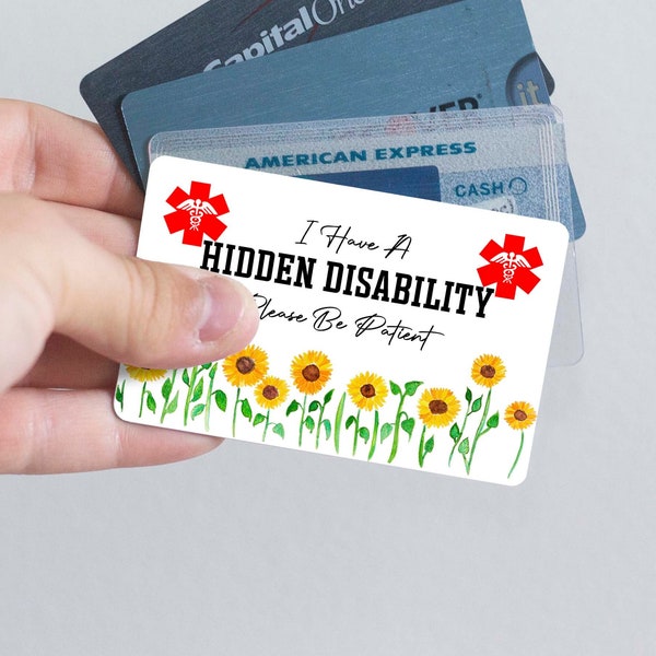 Hidden Disability Medical Alert Card / Solid Metal Card, Sunflowers, Fibromyalgia, Autism, Asperger's, PoTS, Anxiety, Crohn's Disease