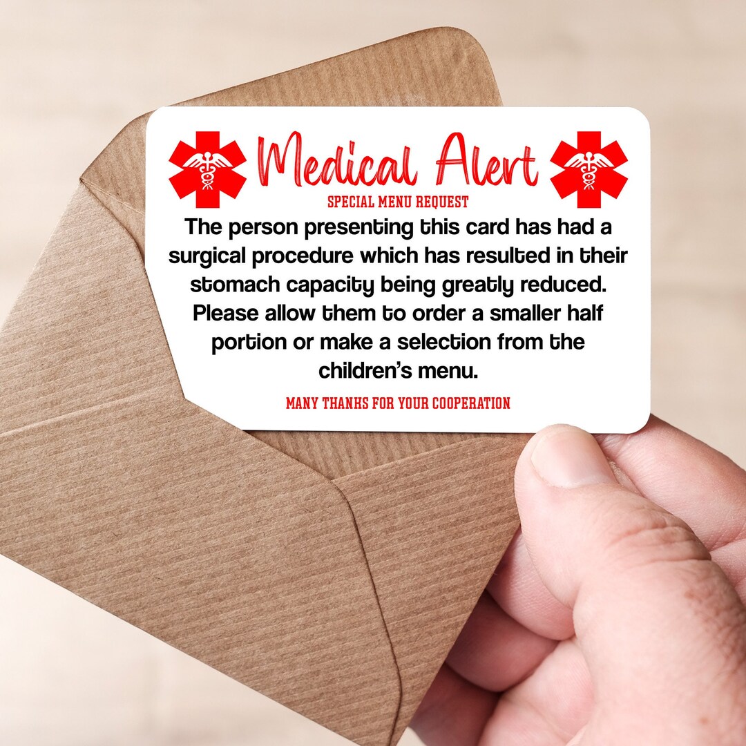 Gastric Sleeve Bypass Surgery Special Meal Request Medical Alert Card