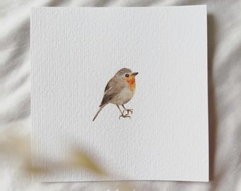 Fröhlicher Gartenbesuch: Rotkehlchen - Miniatur Kunstdruck - Druck nach meinem Original Aquarell | DelicateAesthetic