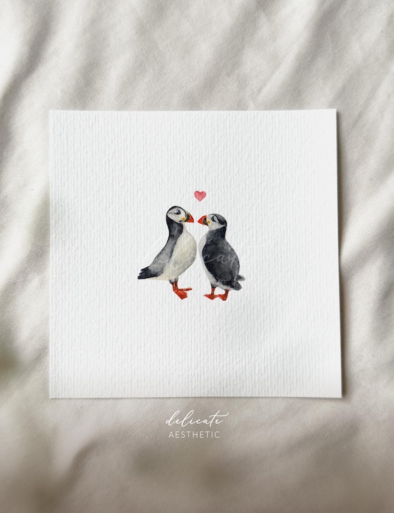 Love frenzy on the cliff edge: Puffins - Miniature art print - Print from my original watercolor | DelicateAesthetic