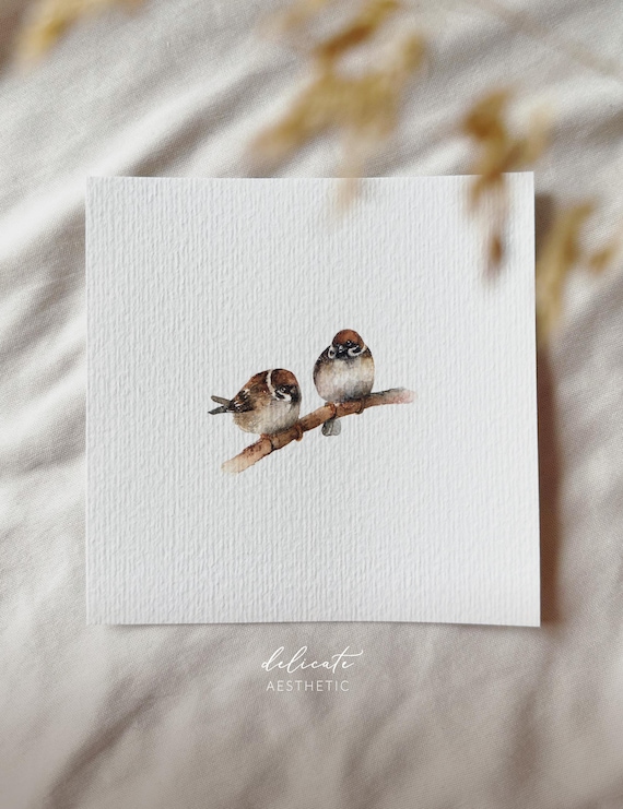 Fluttering Hearts: Sparrows in Love - Miniature Art Print - Print from my Original Watercolor | DelicateAesthetic