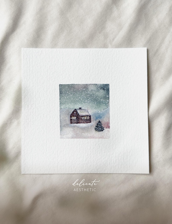 Watercolor Winter House - Miniature Art Print - Print from my original watercolor | DelicateAesthetic