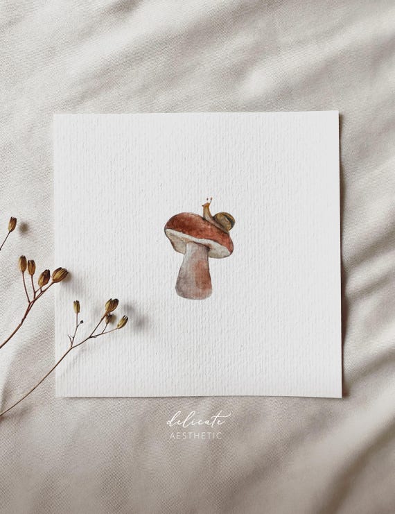 Mushroom hike: snail and mushroom | Miniature watercolor art print | Print after my original watercolor | DelicateAesthetic