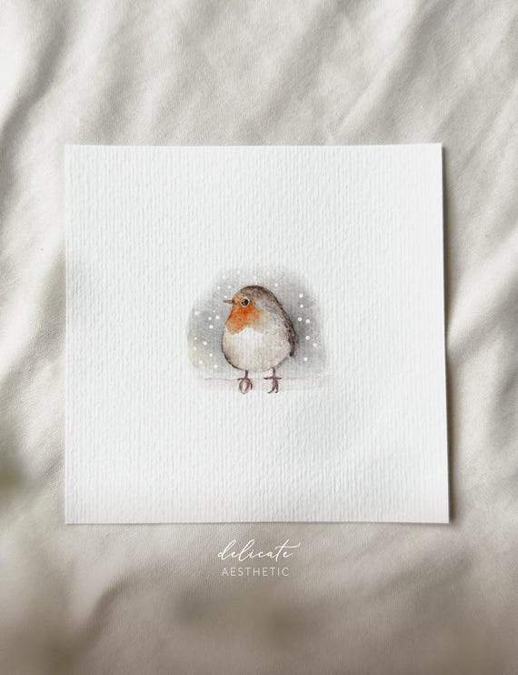 Robin in Winter - Miniature Art Print - Print from my Original Watercolor | DelicateAesthetic