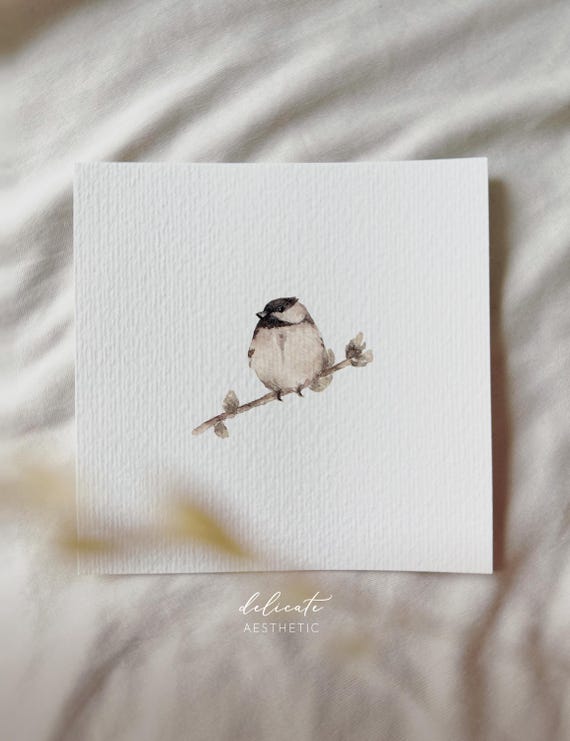Black-capped tit on the branch | Miniature art print | Print after my original watercolor painting | DelicateAesthetic