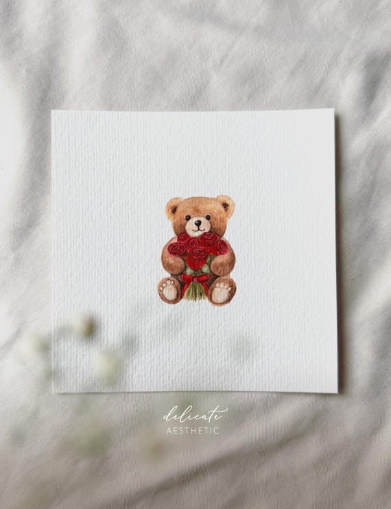 A fluffy love note - Teddy bear with red roses - miniature art print - print based on my original watercolor - DelicateAesthetic