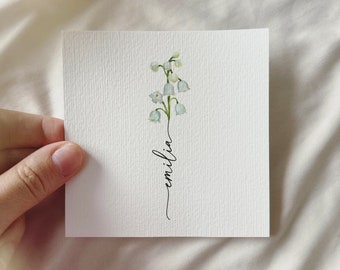 Watercolor Lily of the Valley, Personalized Miniature Art Print, Birth Month May Gift Birthday Mother's Day Family Christmas