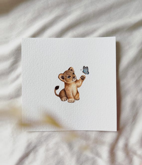The Little Lion and the Blue Butterfly - Miniature Art Print - Print after my original watercolor | DelicateAesthetic