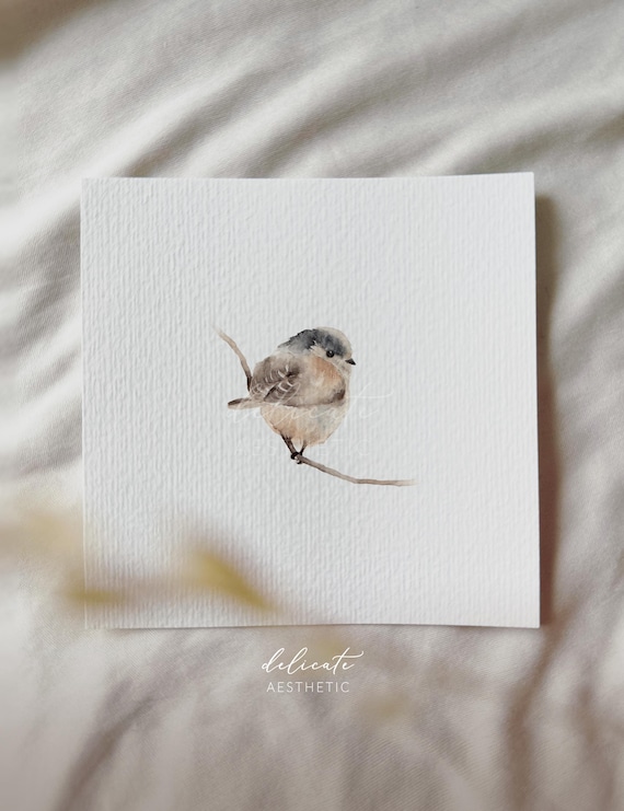 Chirping Beauty: Long-tailed Tit on a Branch - Miniature Art Print - Print after my Original Watercolor | DelicateAesthetic
