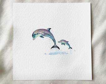 3頭のイルカが跳躍するリノカット版画 - Etsy 日本