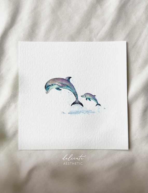 Family of Dolphins - Miniature Art Print - Print based on my original watercolor | DelicateAesthetic