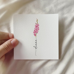 Glaïeul aquarelle, impression d’art miniature personnalisée, mois de naissance août cadeau anniversaire fête des mères famille Saint-Valentin Noël