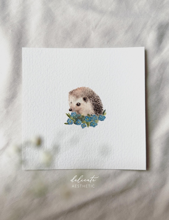 Hedgehog in a spring garden of forget-me-not flowers - miniature art print - print after my original watercolor | DelicateAesthetic