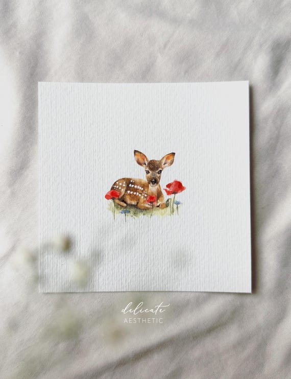 Fawn in a red sea of flowers | Miniature art print | Print after my original watercolor | DelicateAesthetic