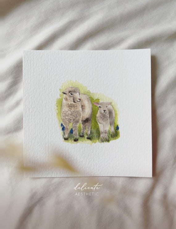 Sheep in a Sea of Flowers - Miniature Art Print - Print after my Original Watercolor | DelicateAesthetic