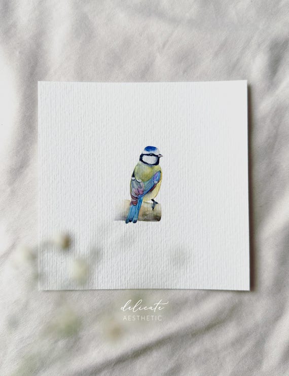 Happy Blue Tit - Miniature Art Print - Print from my original watercolor | DelicateAesthetic