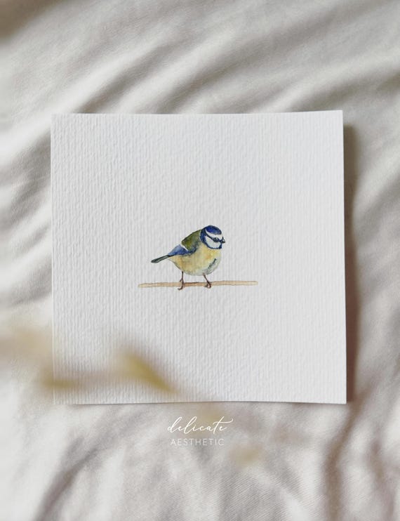 Delicate forest dweller: Blue tit on a branch - miniature art print - print after my original watercolor | DelicateAesthetic