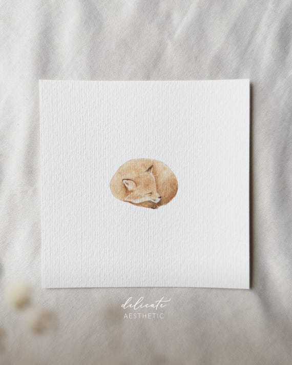 Fluffy Slumber: The Sleeping Fox - Miniature Art Print - Print from my Original Watercolor | DelicateAesthetic