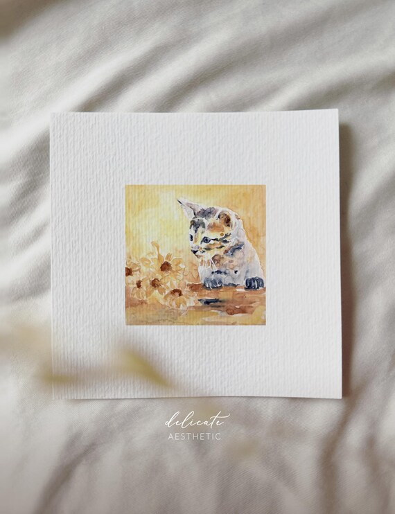 Kitten in a Flower Garden - Miniature Art Print - Print from my Original Watercolor | DelicateAesthetic