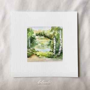 Een groen sprookje: berkenboslandschap | Miniatuur Kunstdruk | Afdruk naar mijn originele aquarel | DelicateEsthetiek