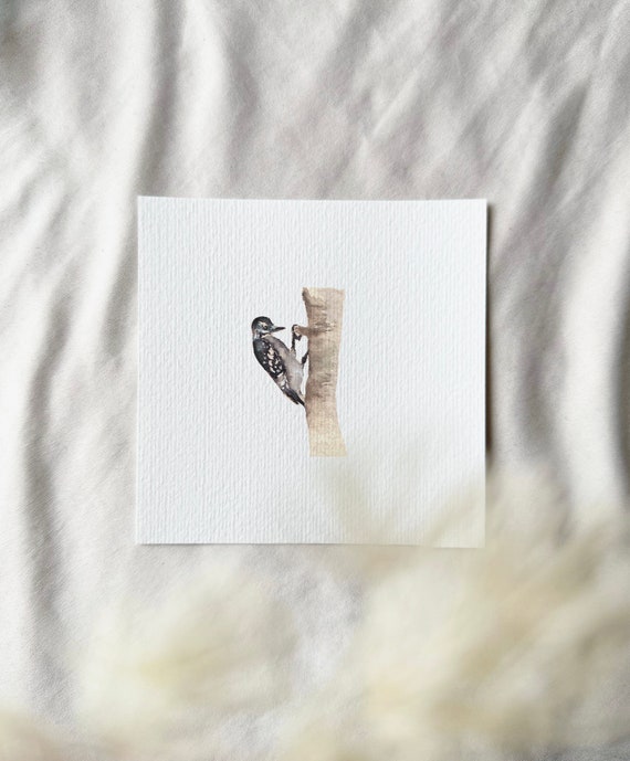 Happy forest dweller: Woodpecker on the tree - Miniature art print - Print after my original watercolor | DelicateAesthetic