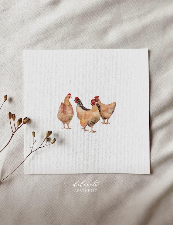 Chickens | Miniature art print | Print after my original watercolor | DelicateAesthetic
