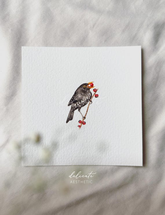 The Snacking Blackbird - Miniature Art Print - Print from my Original Watercolor | DelicateAesthetic