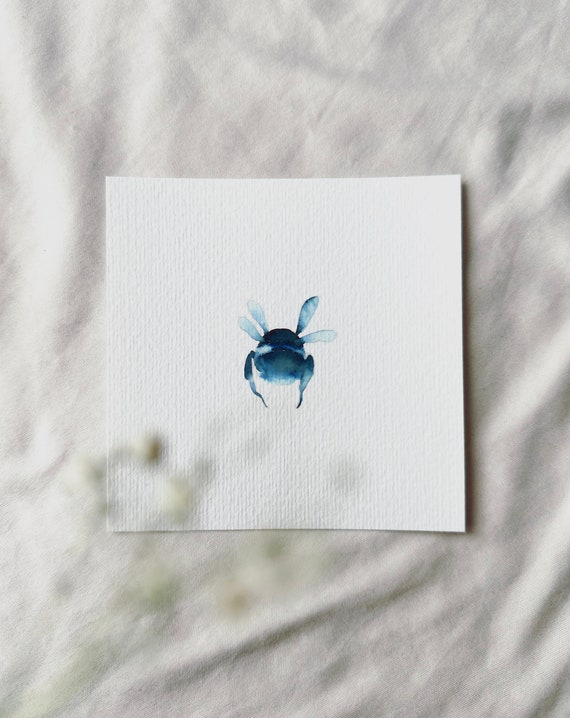 Blue Bumblebee - Miniature Art Print - Print from my original watercolor | DelicateAesthetic