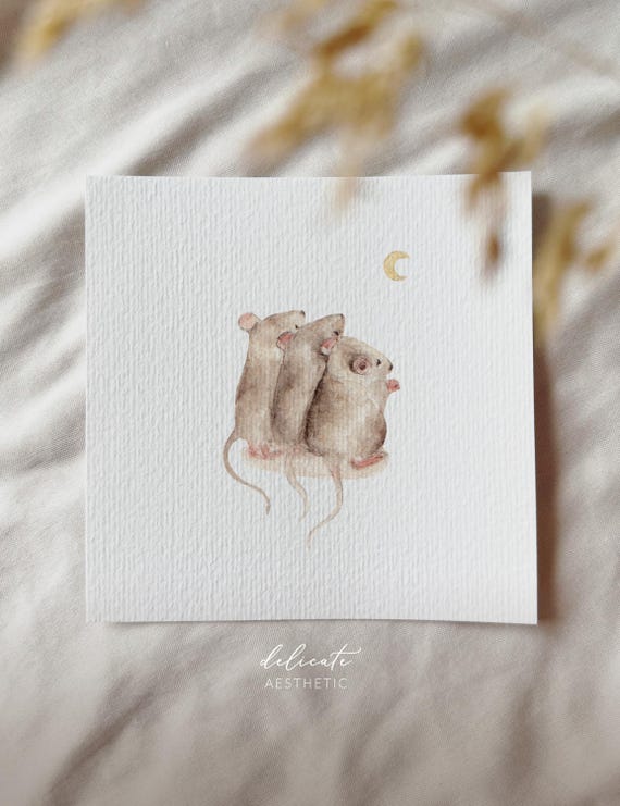 Three Mice in the Night Moonlight - Miniature Art Print - Print after my Original Watercolor | DelicateAesthetic