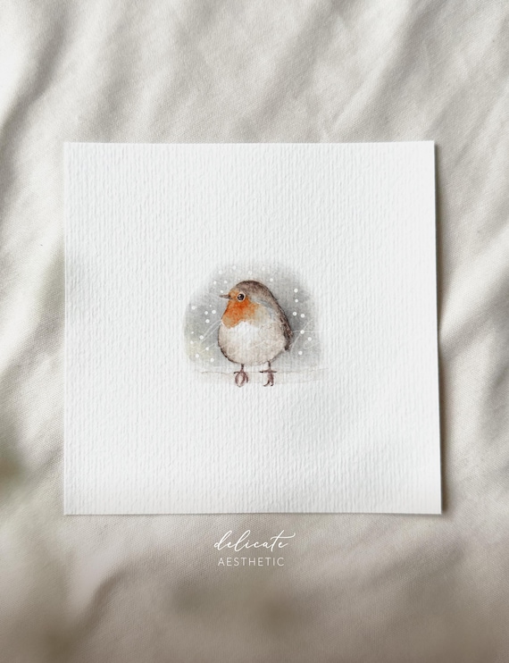 Robin in Winter - Miniature Art Print - Print from my Original Watercolor | DelicateAesthetic