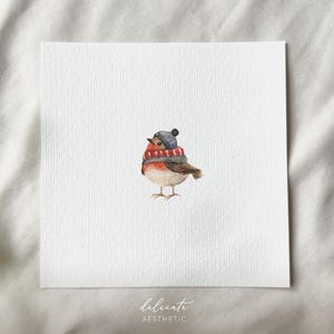 Soffice gioia natalizia: pettirosso in look invernale - stampa artistica in miniatura - stampa dal mio acquerello originale | Estetica delicata
