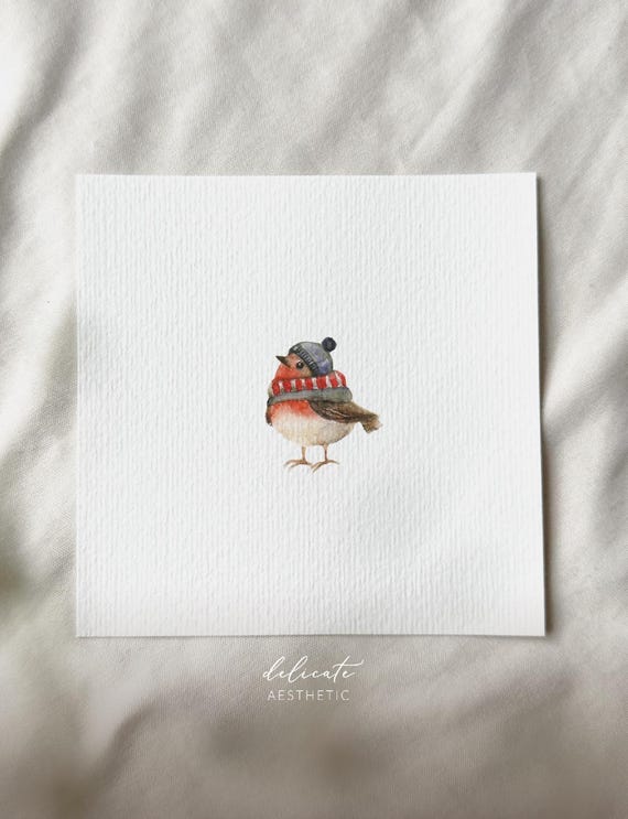 Fluffy holiday cheer: Robin in winter look - miniature art print - print from my original watercolor | DelicateAesthetic