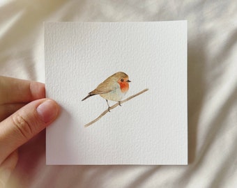 Aquarelle Robin sur la branche - Impression d’art miniature d’origine