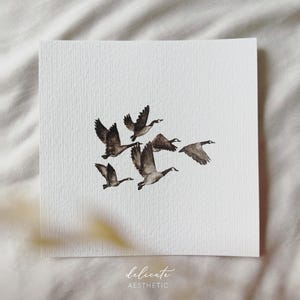 Flock of geese in the sky: Miniature art print with flying geese - print after my original watercolor | DelicateAesthetic