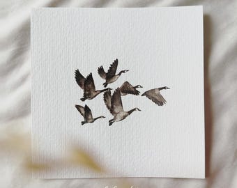 Gänseschwarm am Himmel: Miniatur Kunstdruck mit fliegenden Gänsen - Druck nach meinem Original Aquarell | DelicateAesthetic