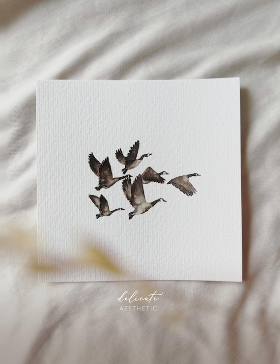 Flock of geese in the sky: Miniature art print with flying geese - print after my original watercolor | DelicateAesthetic