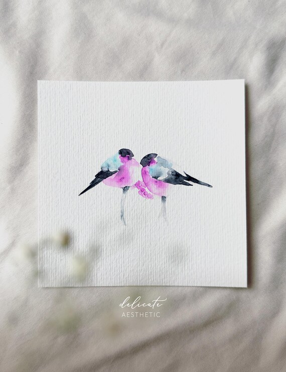 Dreamy bullfinches on a branch - miniature art print - print after my original watercolor | DelicateAesthetic