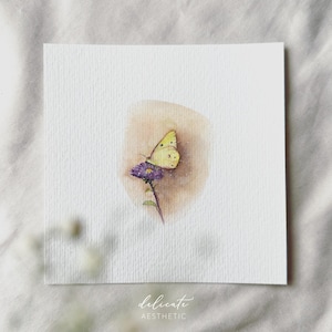 Borboleta de enxofre na flor - impressão artística em miniatura - impressão baseada na minha aquarela original | Estética Delicada
