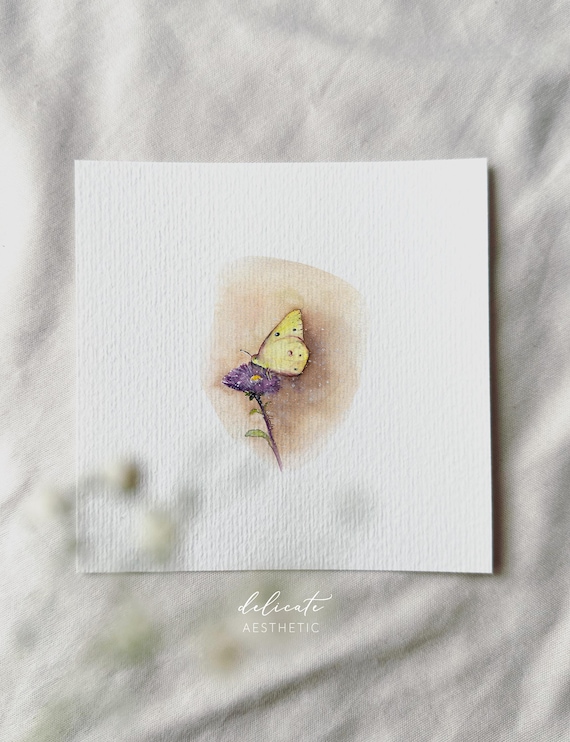 Brimstone butterfly on a flower - miniature art print - print from my original watercolor | DelicateAesthetic