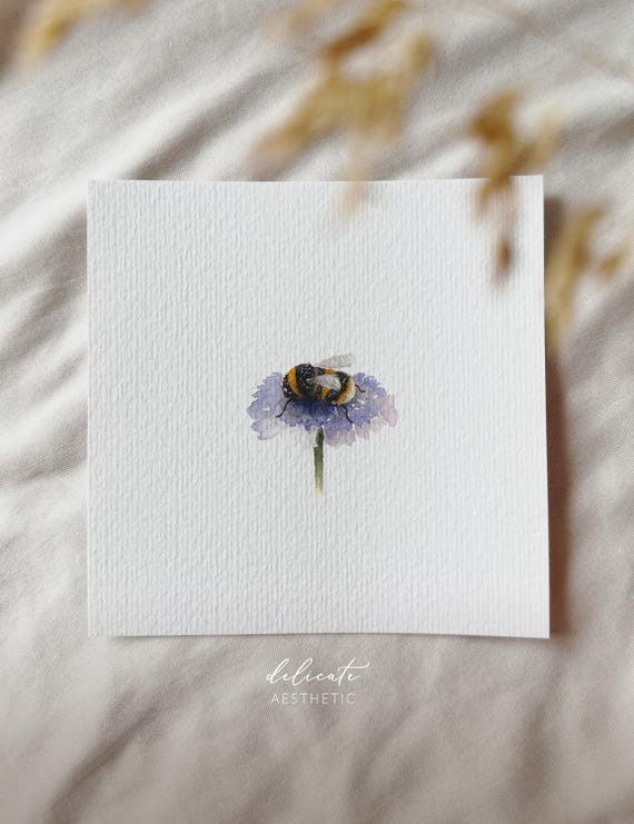 Bumblebee on the flower | Miniature art print | Print after my original watercolor | DelicateAesthetic