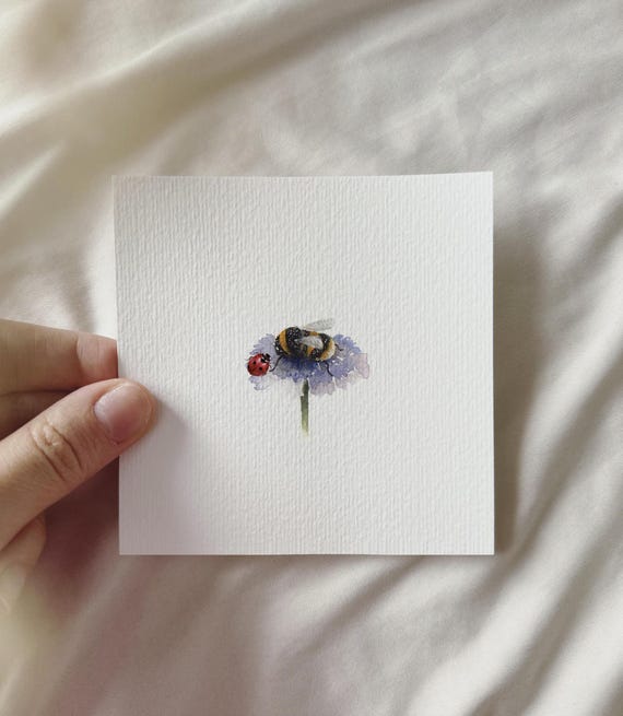 Bumblebee and ladybug on a flower | Miniature art print | Print based on my original watercolor | DelicateAesthetic