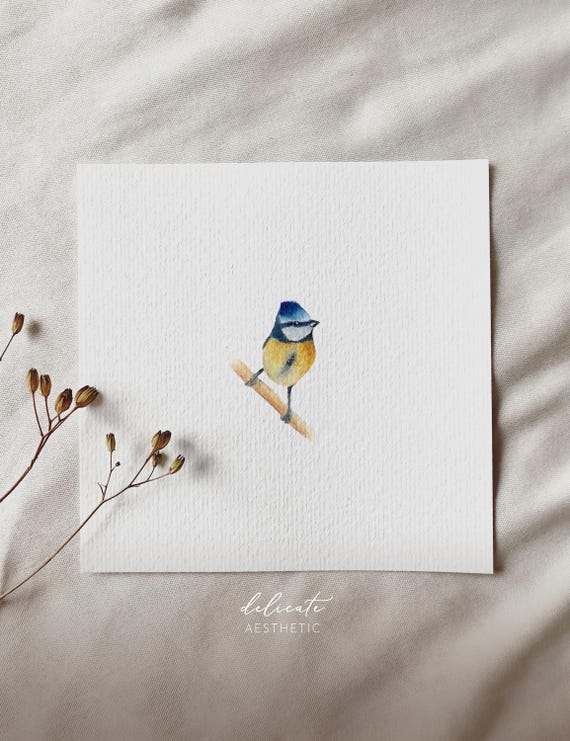 Herald of Spring: Blue Tit on a Branch - Miniature Art Print - Print after my Original Watercolor | DelicateAesthetic
