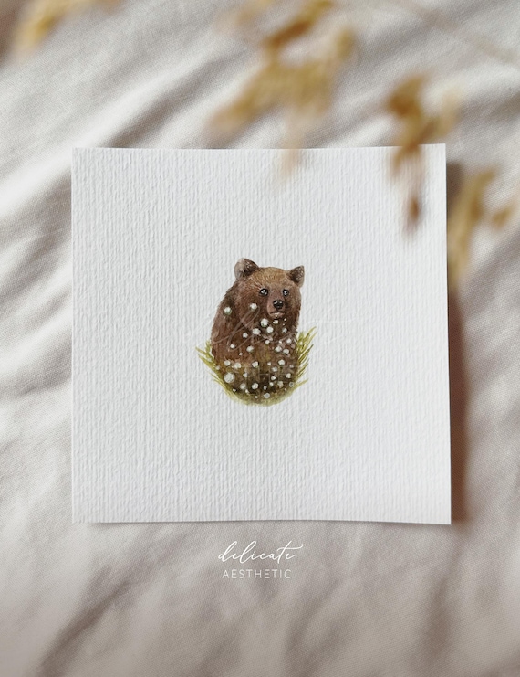 Bear in a Sea of Flowers | Miniature Art Print | Print from my Original Watercolor | DelicateAesthetic