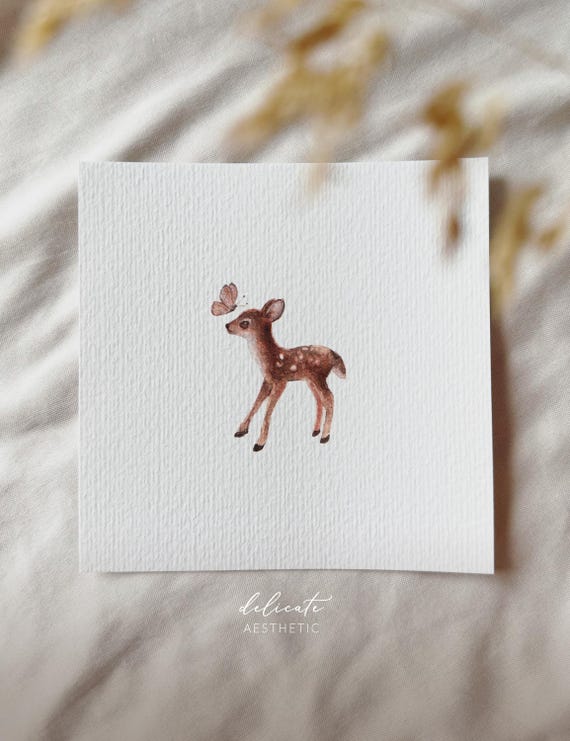 Fawn with pink butterfly - miniature art print - print from my original watercolor | DelicateAesthetic