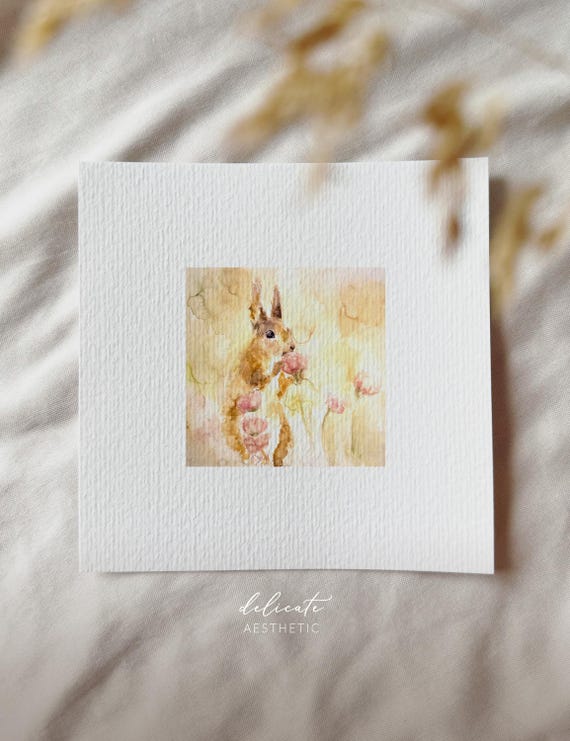 Squirrel in a flower field - Miniature art print - Print after my original watercolor | DelicateAesthetic