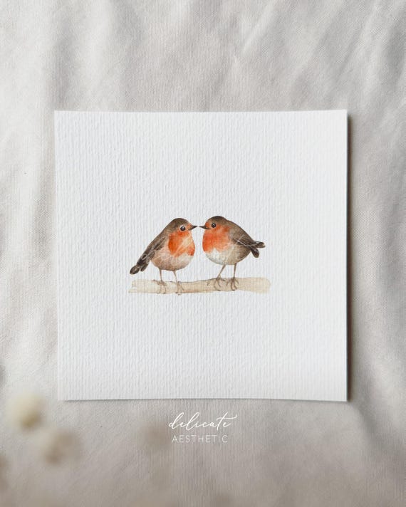 Fluttering Hearts: Robins in Love - Miniature Art Print - Print from my Original Watercolor | DelicateAesthetic