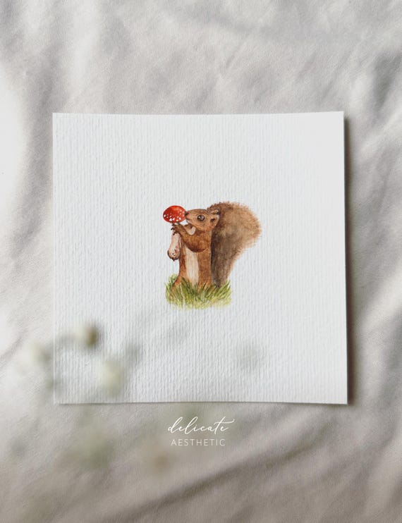Mushroom Hunting in Autumn: Squirrel - Miniature Art Print - Print from my Original Watercolor | DelicateAesthetic