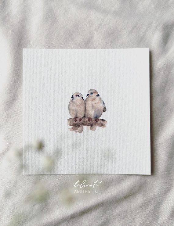 Whispers of love on the branch: Watercolor dove pair - miniature art print - print after my original watercolor | DelicateAesthetic