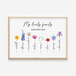 Foto di famiglia progettata individualmente, stampa artistica ad acquerello, bouquet personalizzato, fiori per nascita, regalo di compleanno, ritratto, giardino